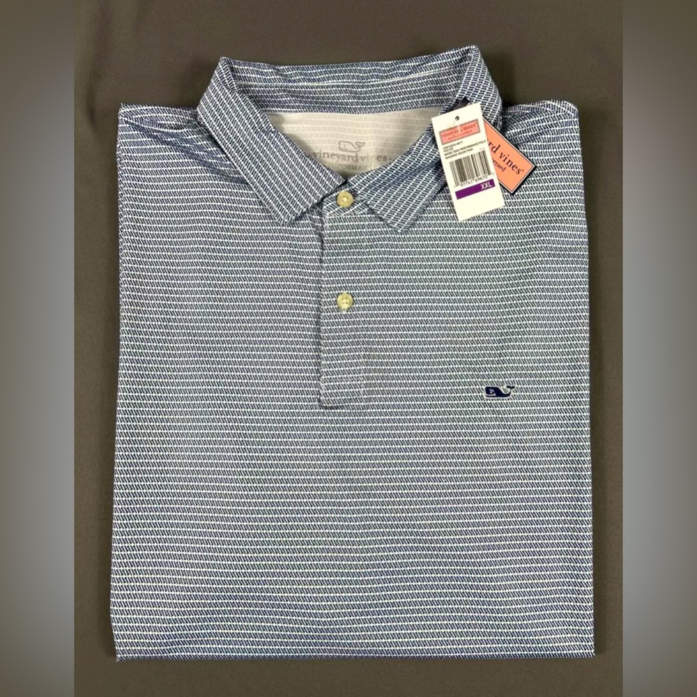Vineyard Vines Golf Shirt Polo Micro Tees Print XXL Blue White Pink Polyester